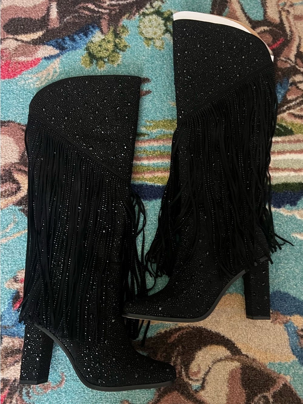 Jessica Simpson Black Sparkle Fringe High Heel Boots